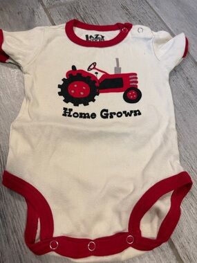 Lazy One White & Red "Home Grown" Tractor One-Piece Bodysuit